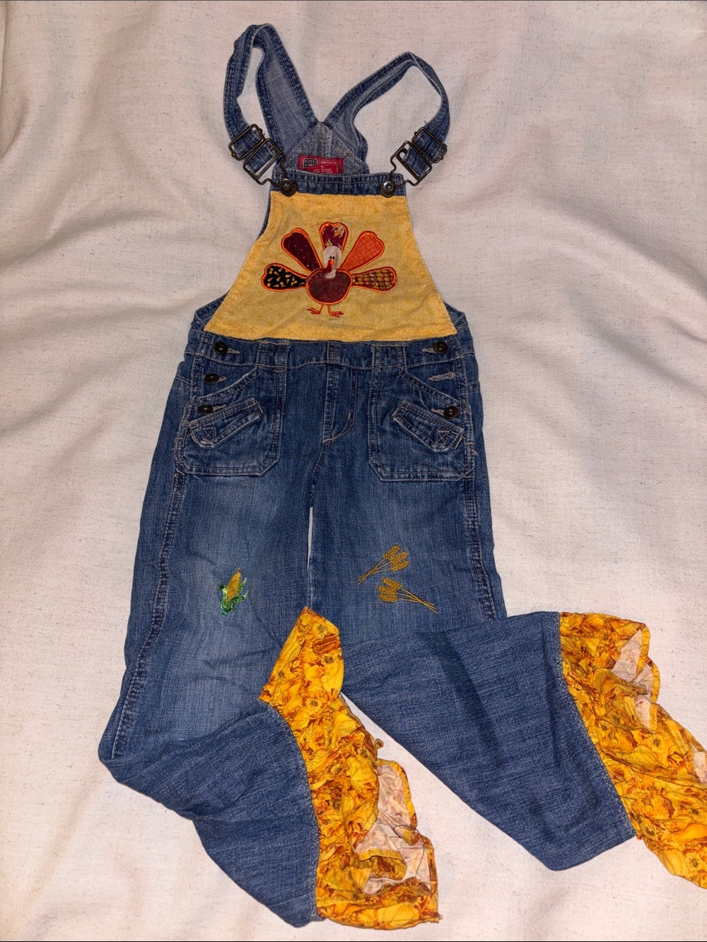 Denim Overalls with Yellow Turkey Applique - Kids Bottoms